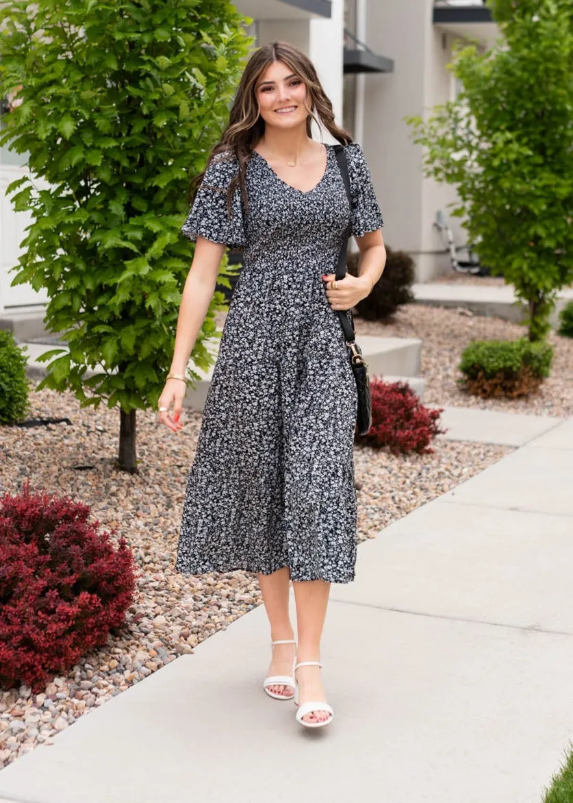 Aylin Black Floral Tiered Dress