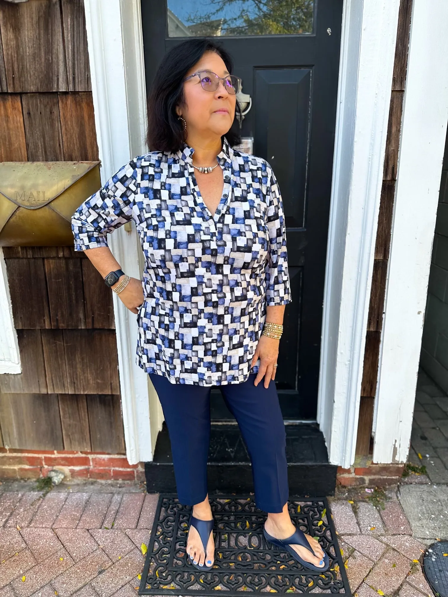 Beachtime by Lulu B Neutral Kaleidoscope Button Tunic