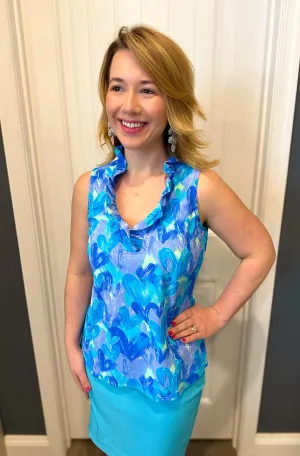 Beachtime by Lulu B Ruffle Neck Sleeveless Top Blue Heart Multi