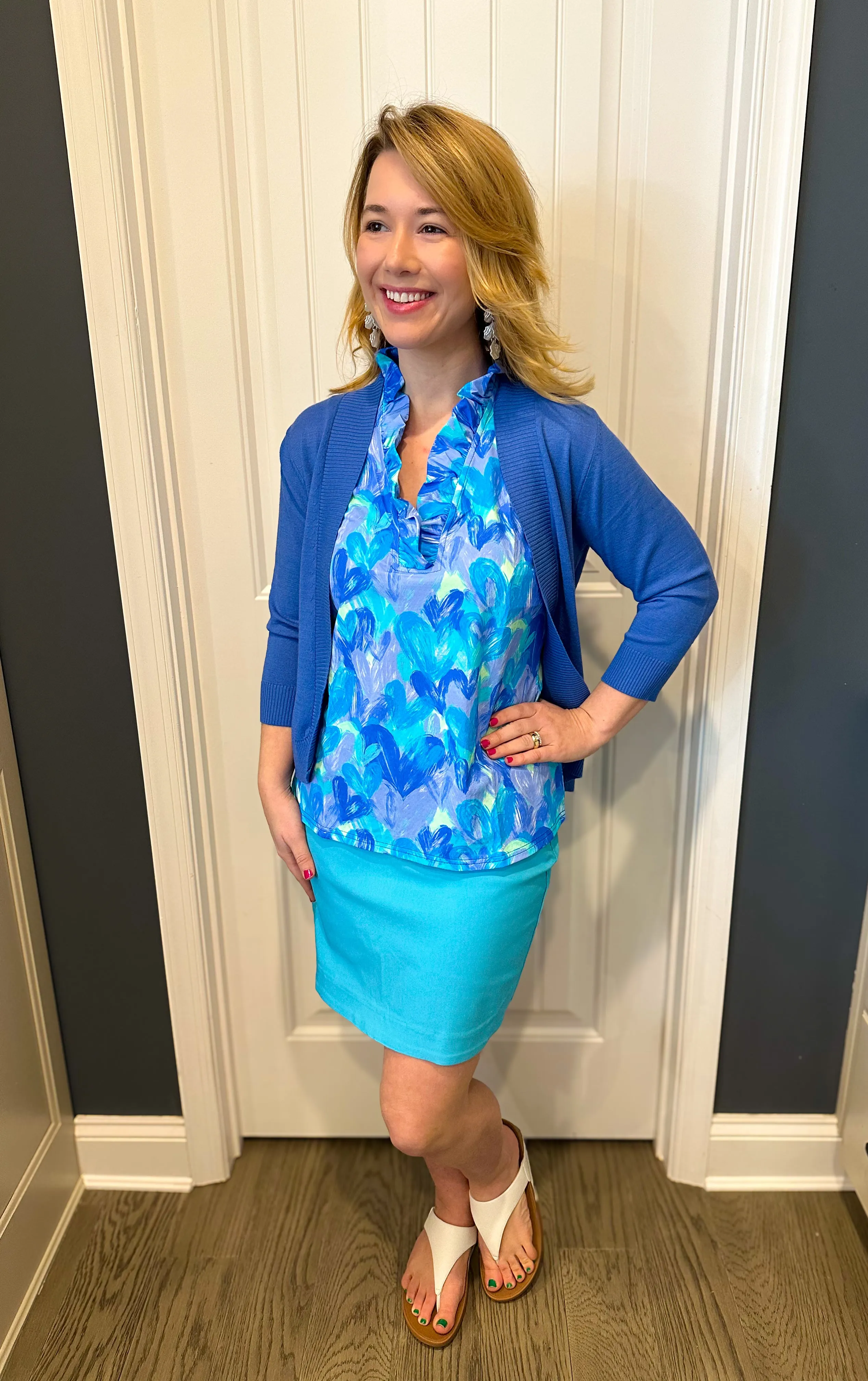 Beachtime by Lulu B Ruffle Neck Sleeveless Top Blue Heart Multi