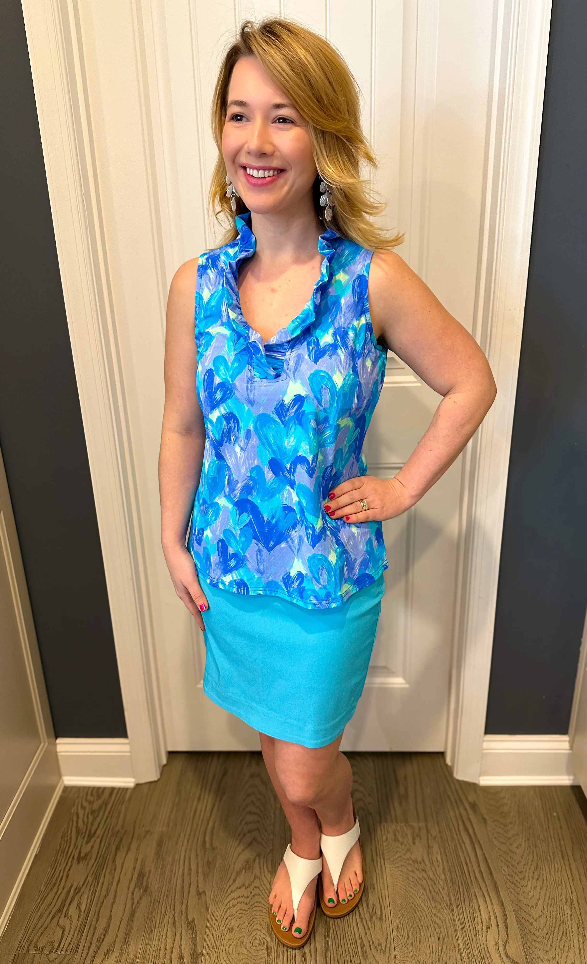 Beachtime by Lulu B Ruffle Neck Sleeveless Top Blue Heart Multi
