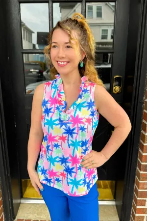 Beachtime by Lulu B Ruffle Neck Sleeveless Top Bright Palm Tree