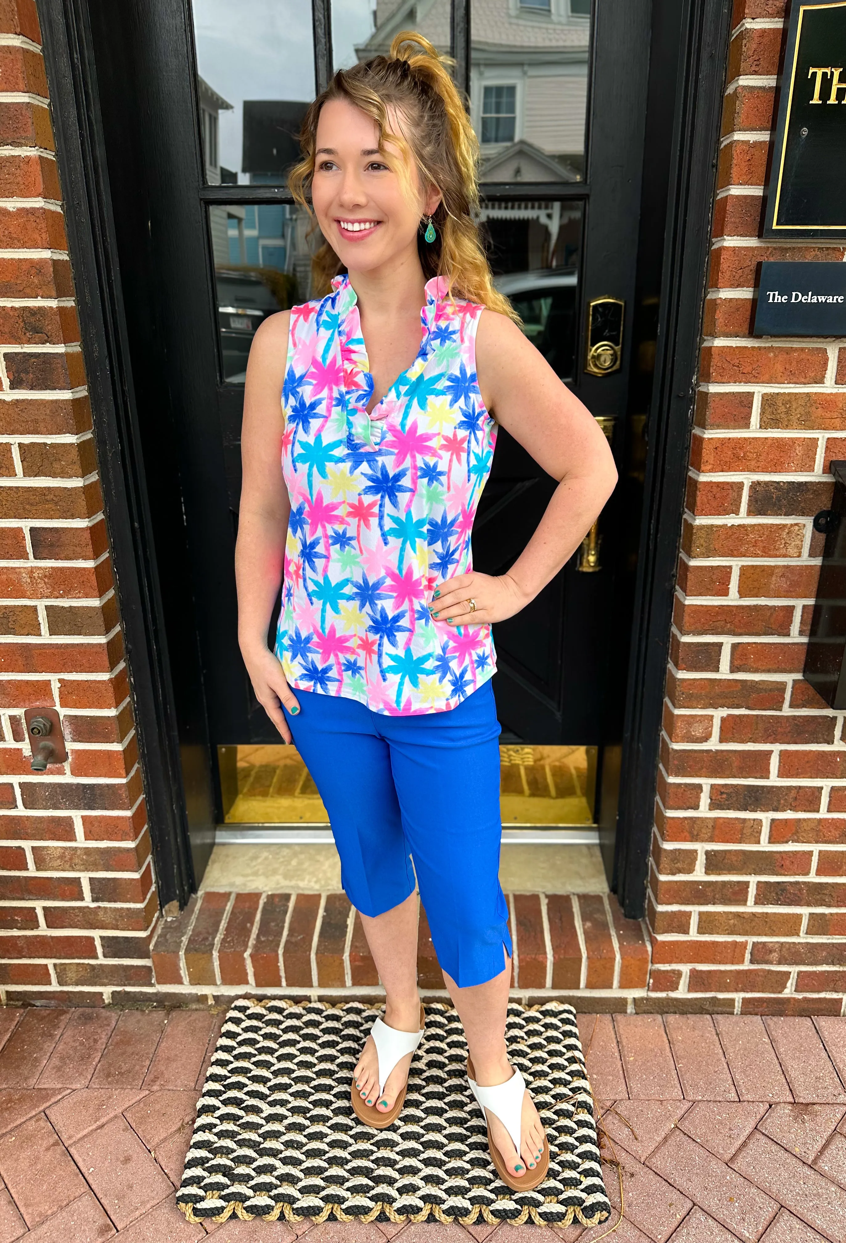 Beachtime by Lulu B Ruffle Neck Sleeveless Top Bright Palm Tree