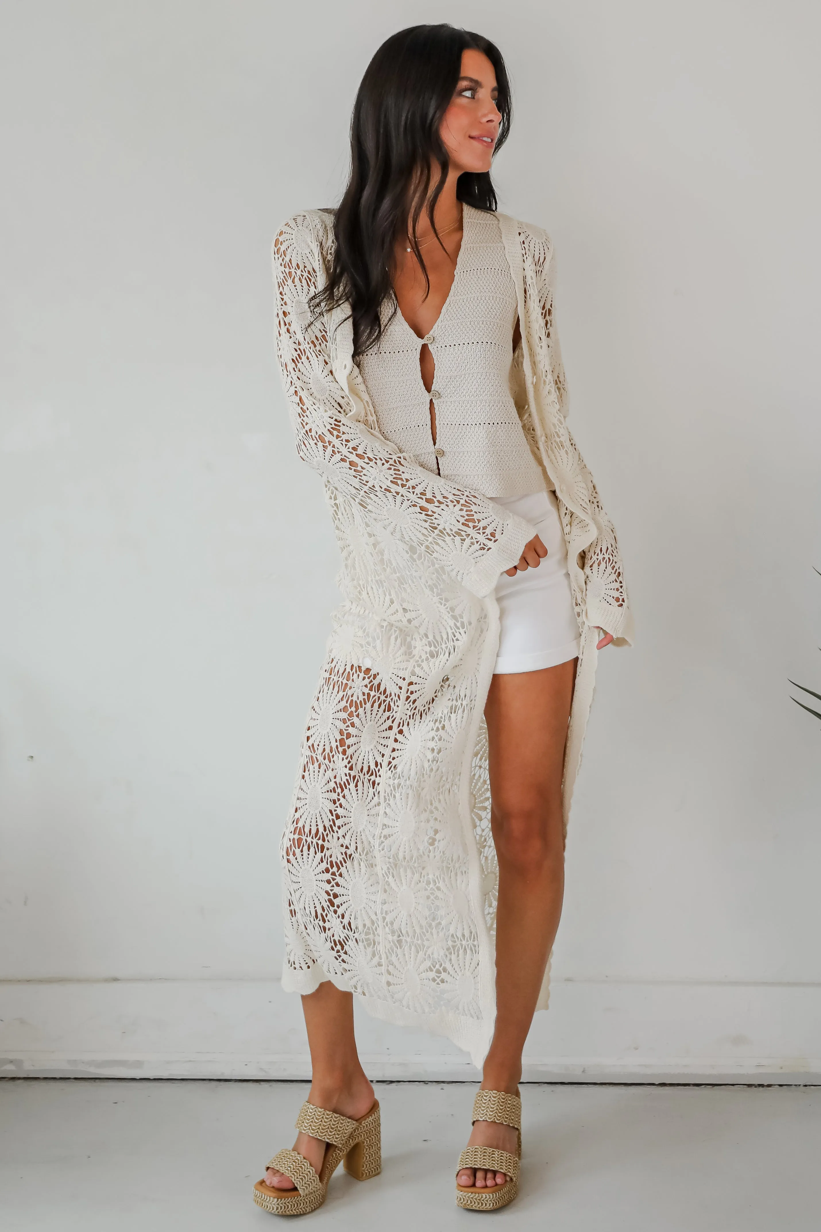 FINAL SALE - Blissful Strolls Natural Crochet Longline Kimono