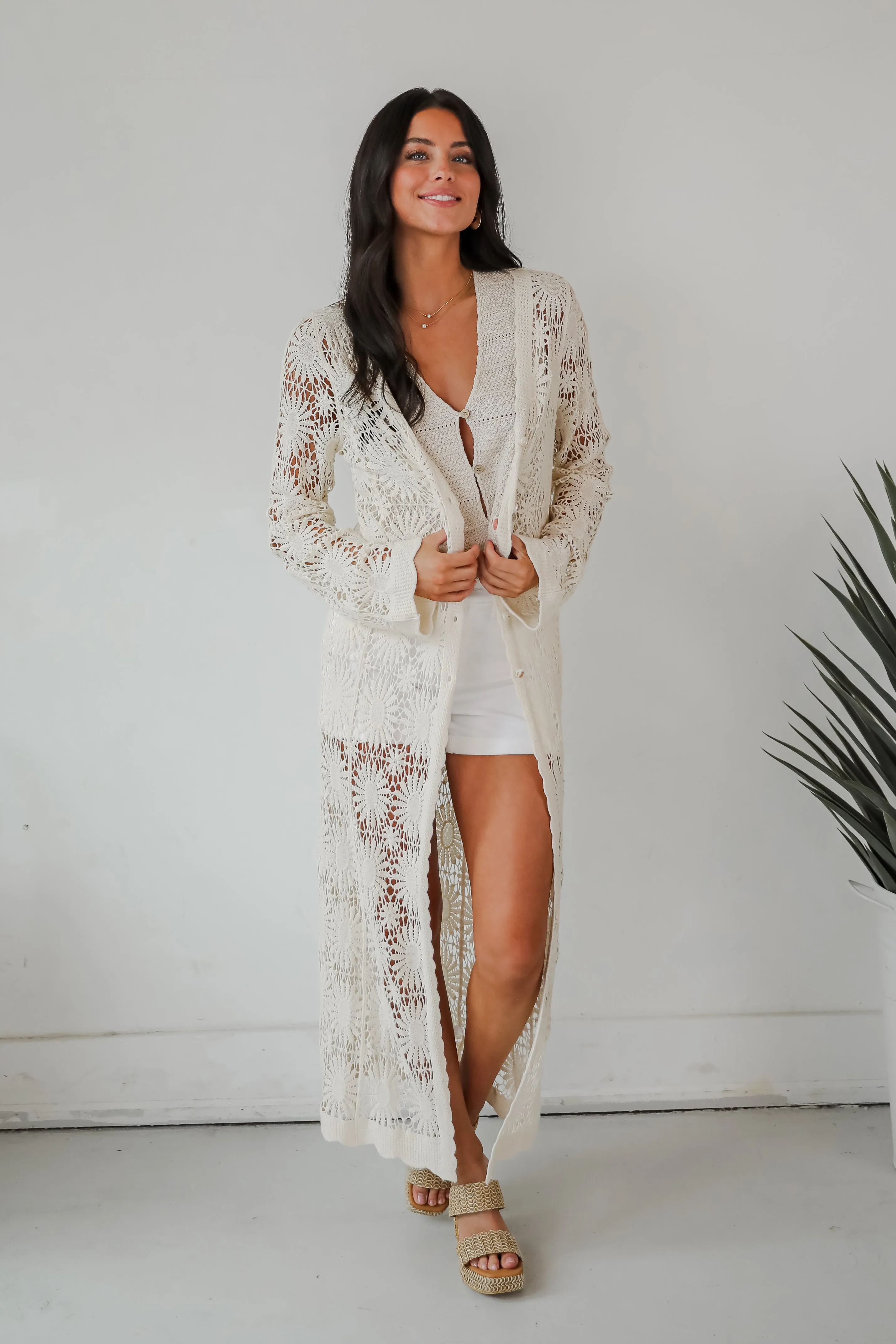 FINAL SALE - Blissful Strolls Natural Crochet Longline Kimono