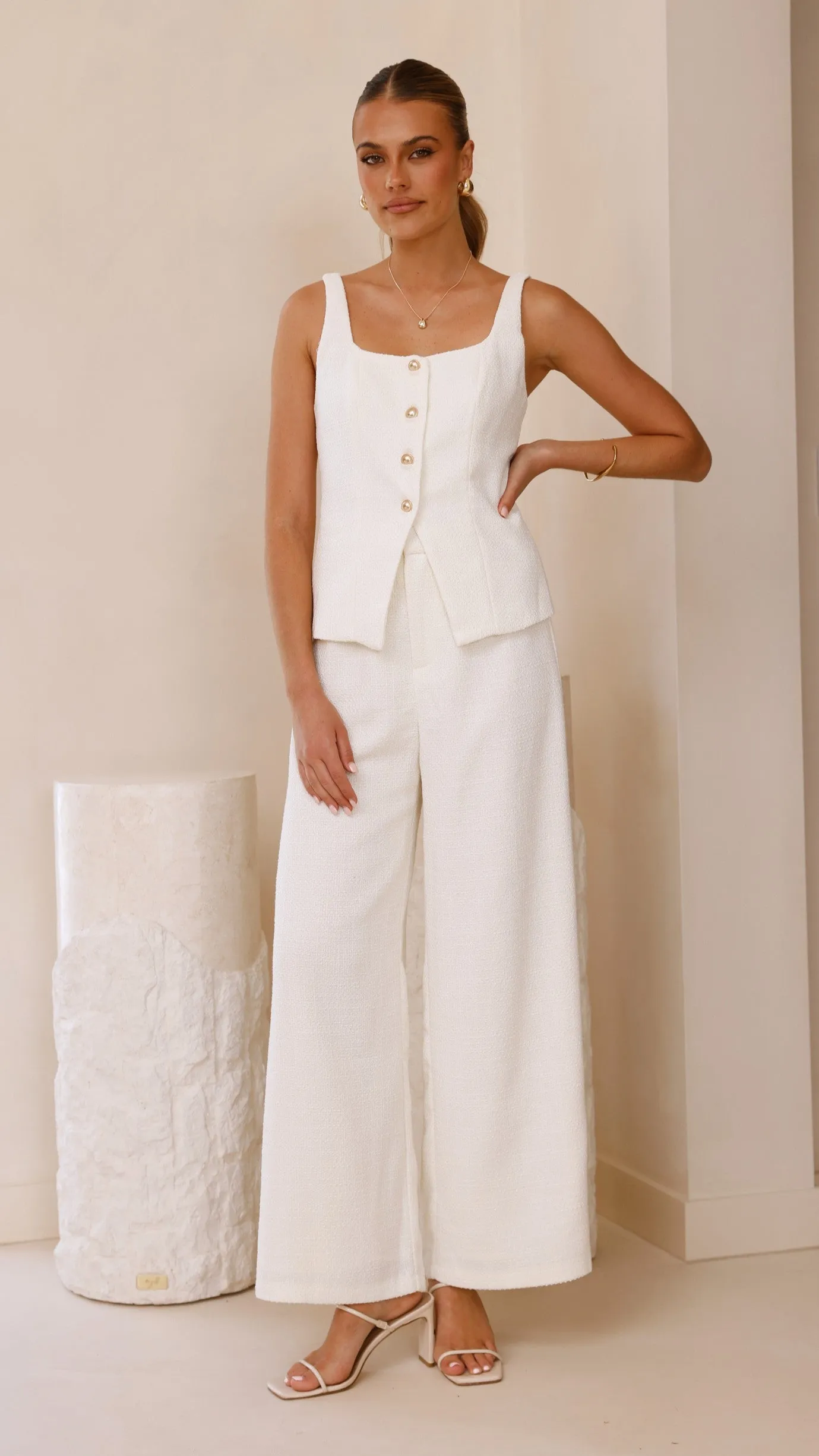 Karrina Tweed Button Up Vest and Pants Set - White Billy J