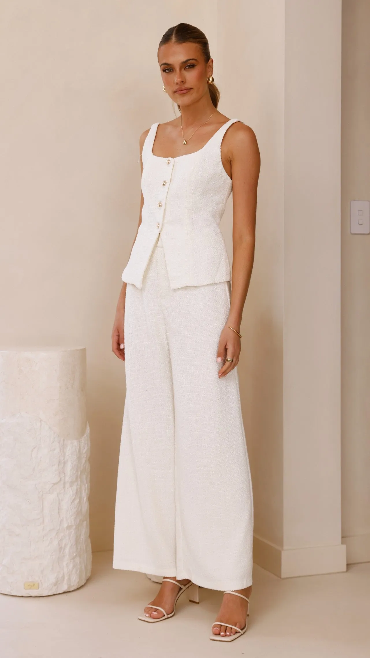 Karrina Tweed Button Up Vest and Pants Set - White Billy J