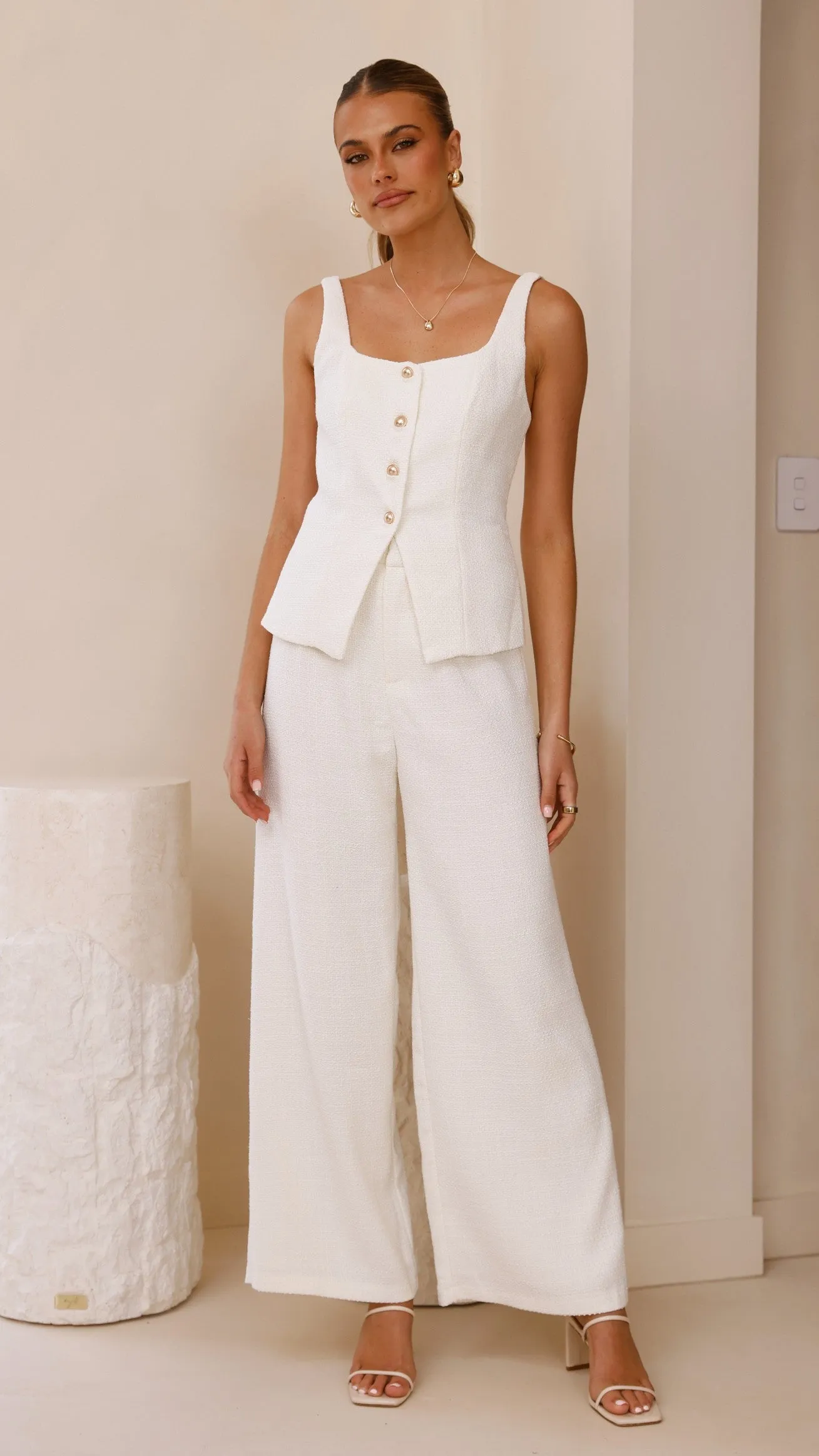 Karrina Tweed Button Up Vest and Pants Set - White Billy J