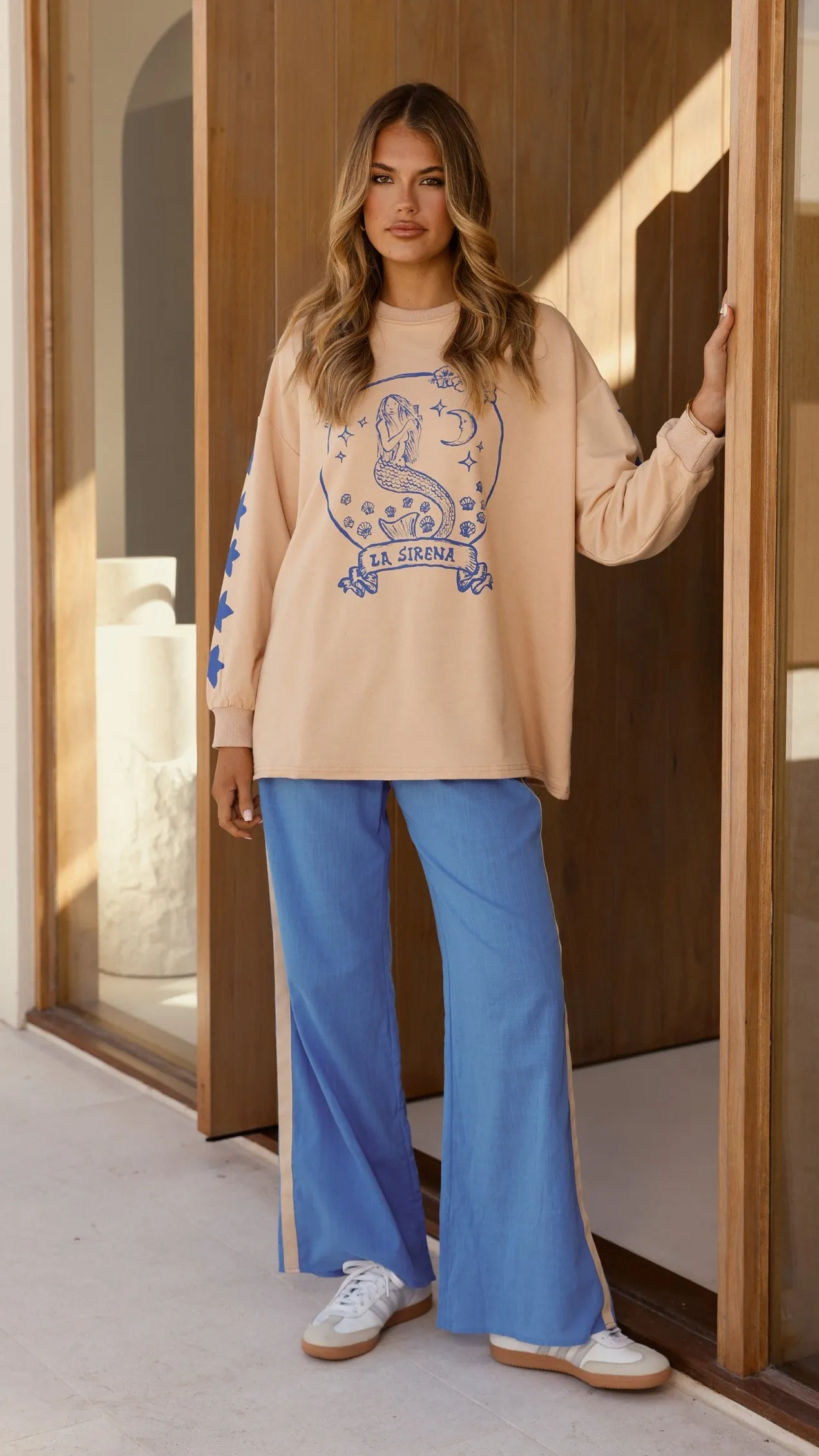 La Sirena Long Sleeve Top and Pants Set - Beige / Blue Billy J