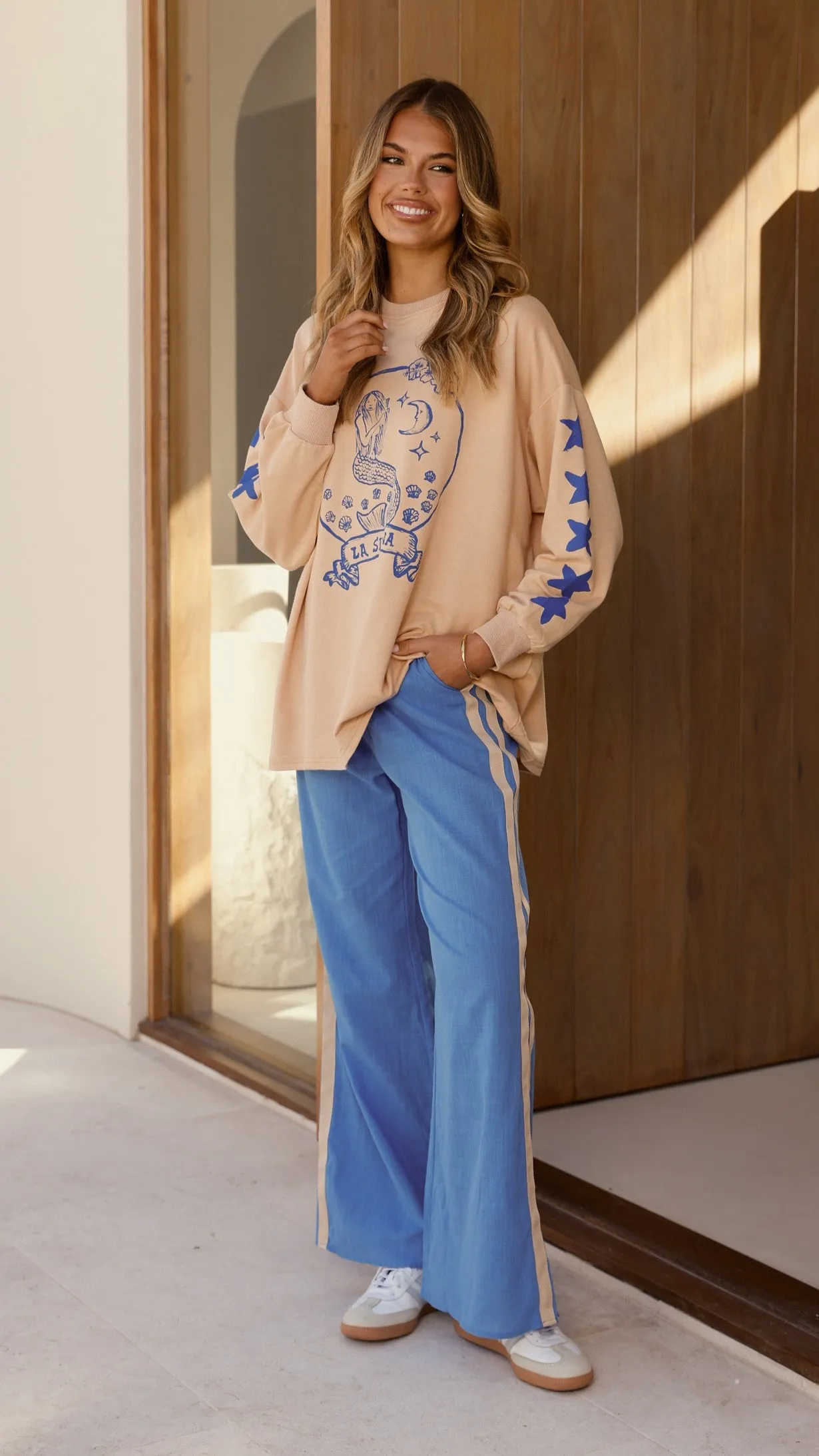 La Sirena Long Sleeve Top and Pants Set - Beige / Blue Billy J