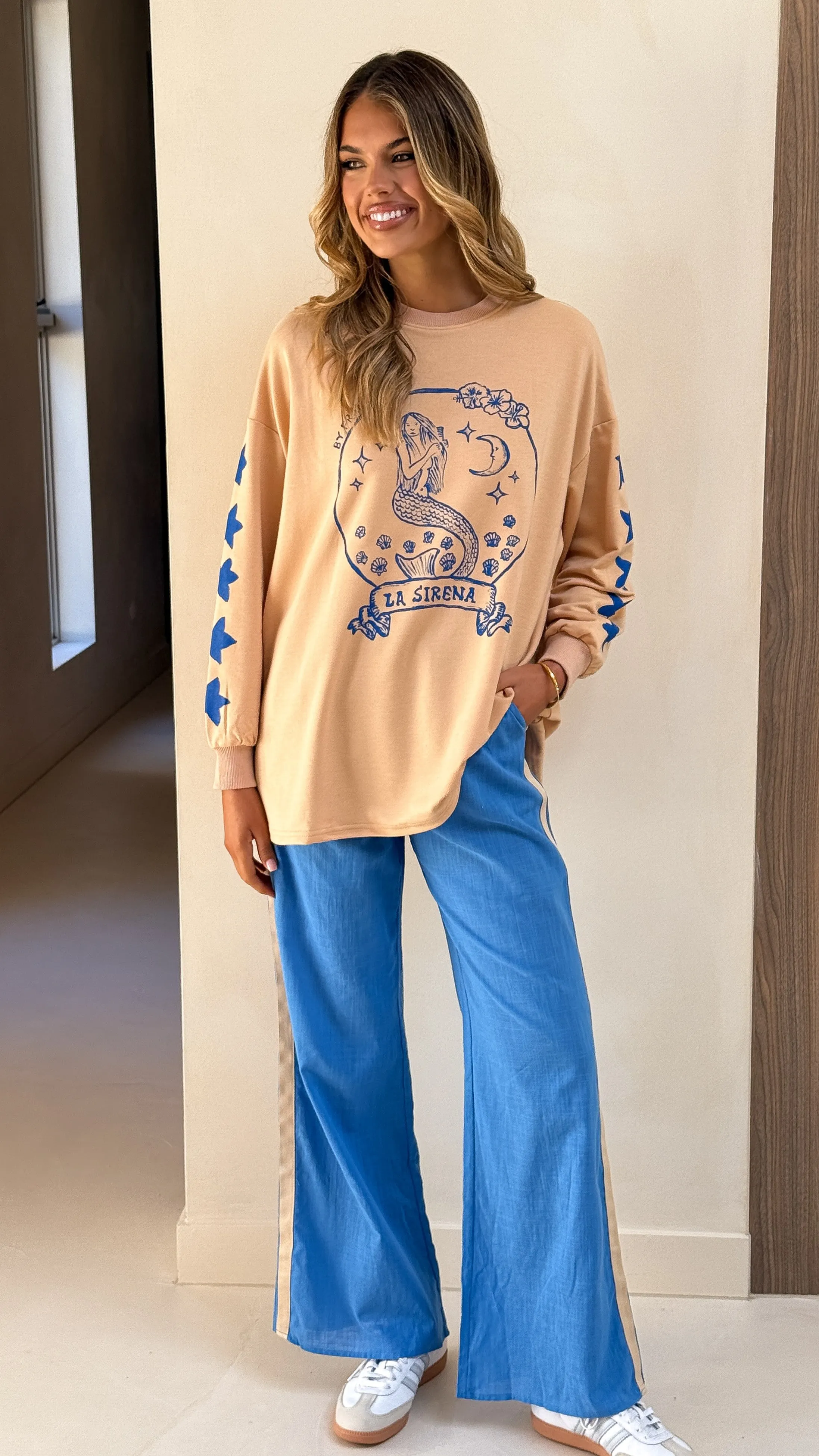 La Sirena Long Sleeve Top and Pants Set - Beige / Blue Billy J