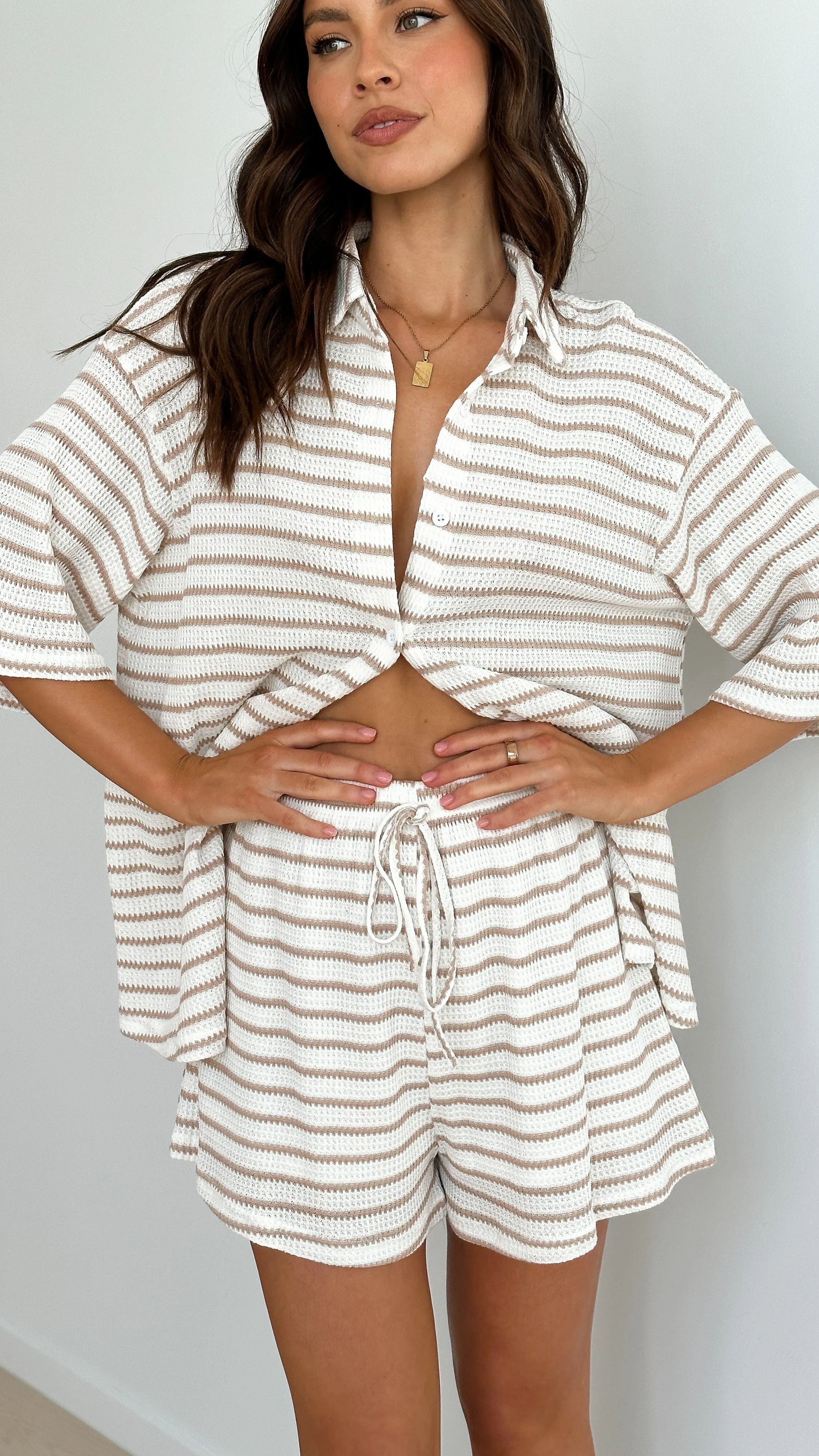 Lacole Button Up Shirt and Shorts Set - White / Beige Stripe Billy J