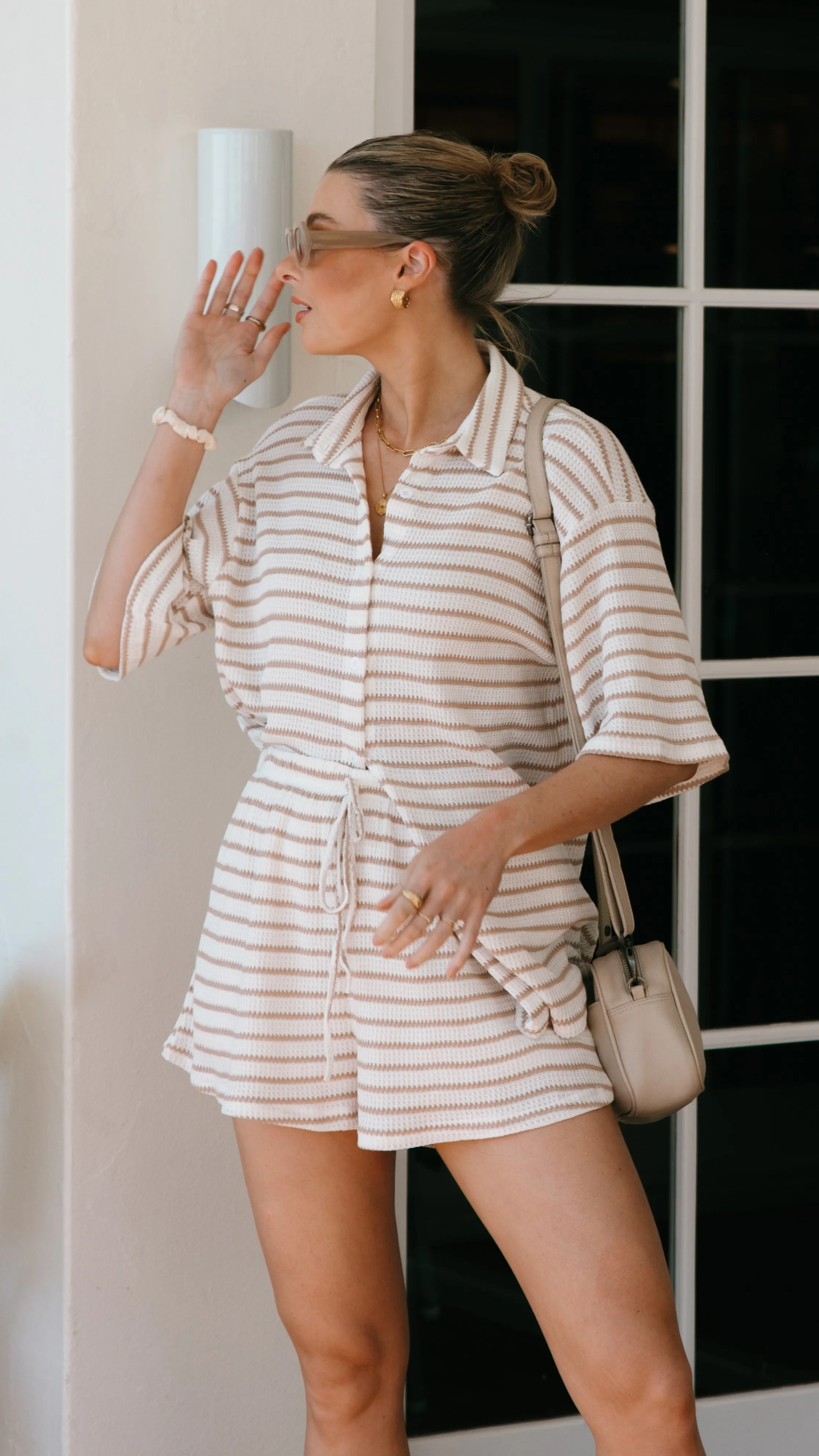 Lacole Button Up Shirt and Shorts Set - White / Beige Stripe Billy J