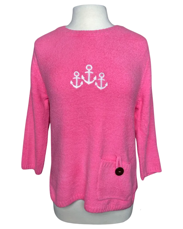 Lulu B Pink Chenille Anchor Embroidered Sweater