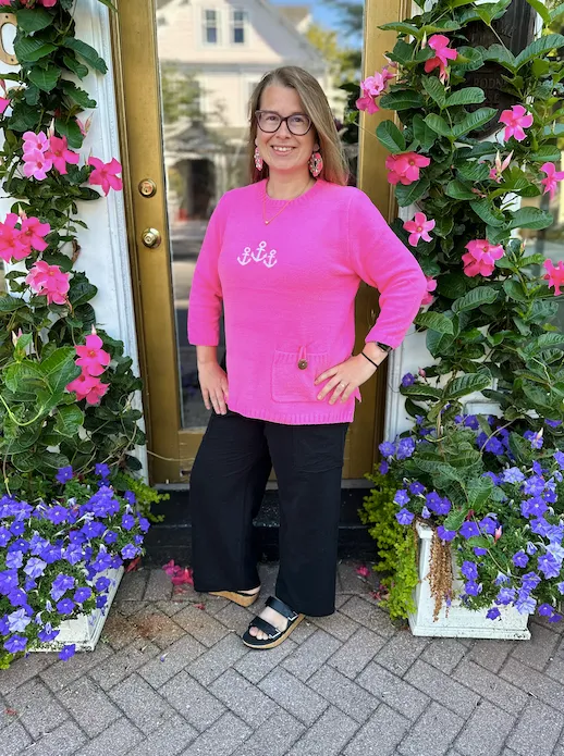 Lulu B Pink Chenille Anchor Embroidered Sweater