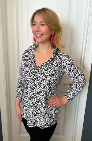 Lulu B Ruffle Neck Black and Pink Flower Top