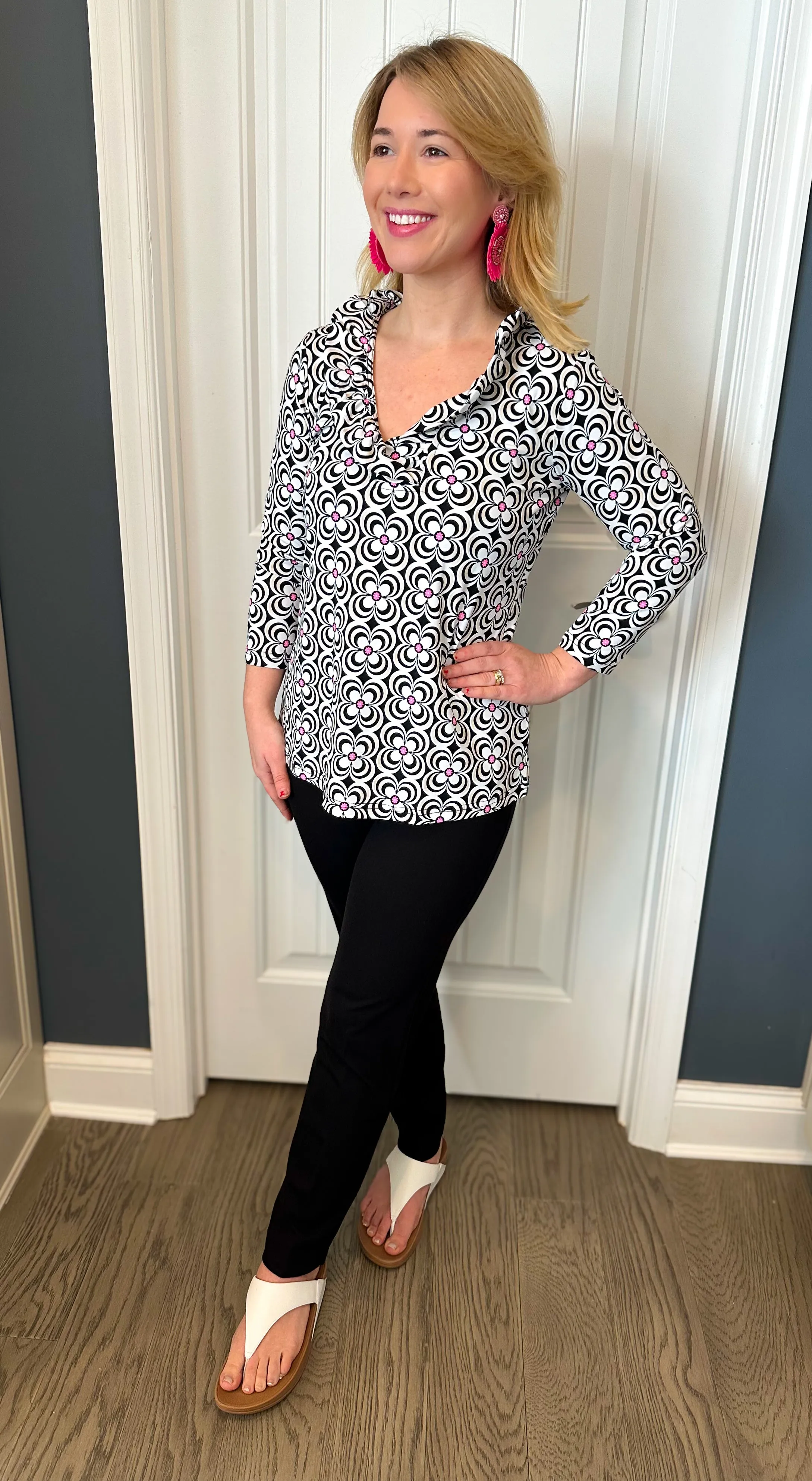 Lulu B Ruffle Neck Black and Pink Flower Top