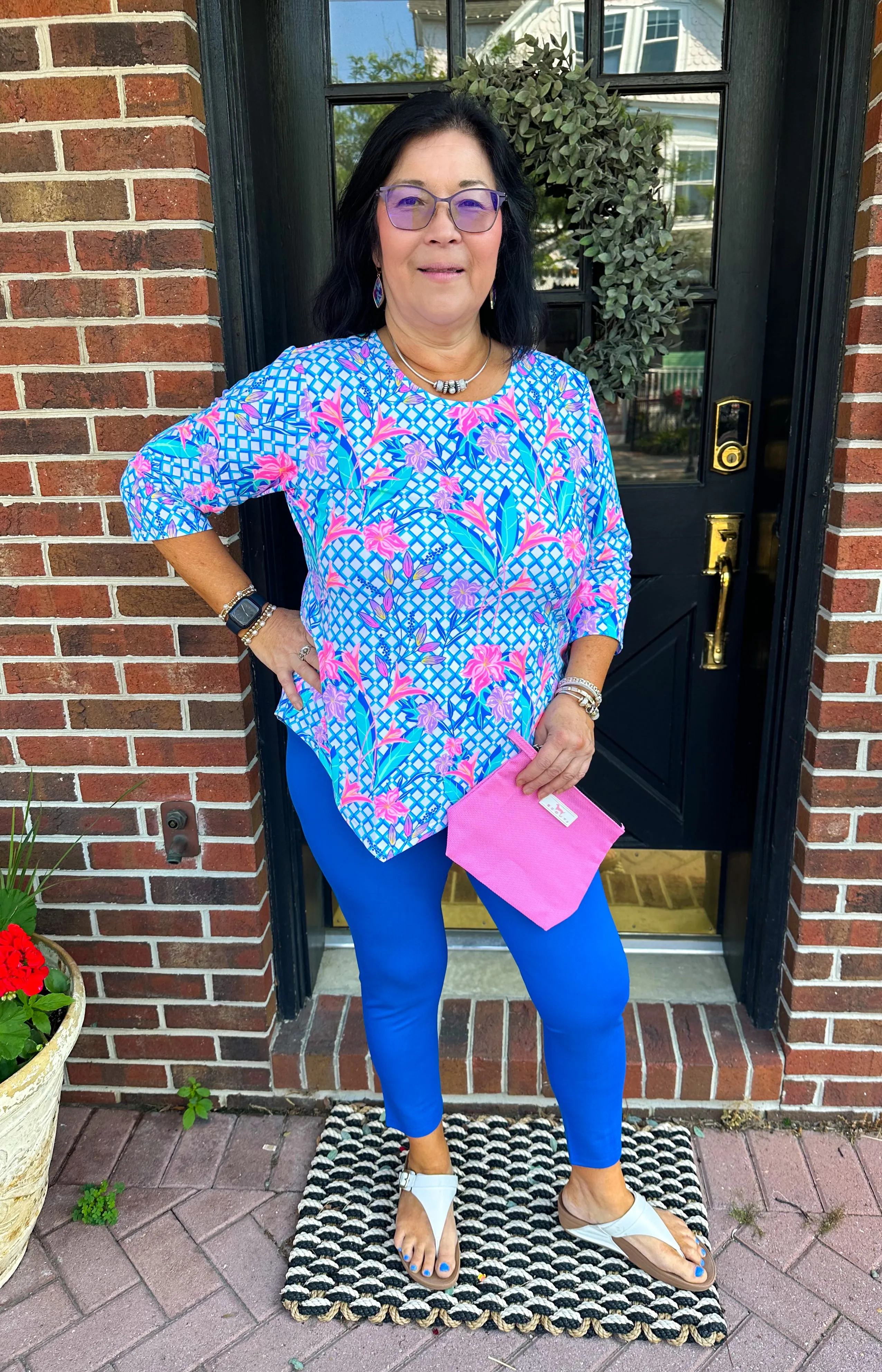Lulu B Trellis Flower Asymmetrical S-Neck Top UPF 50 