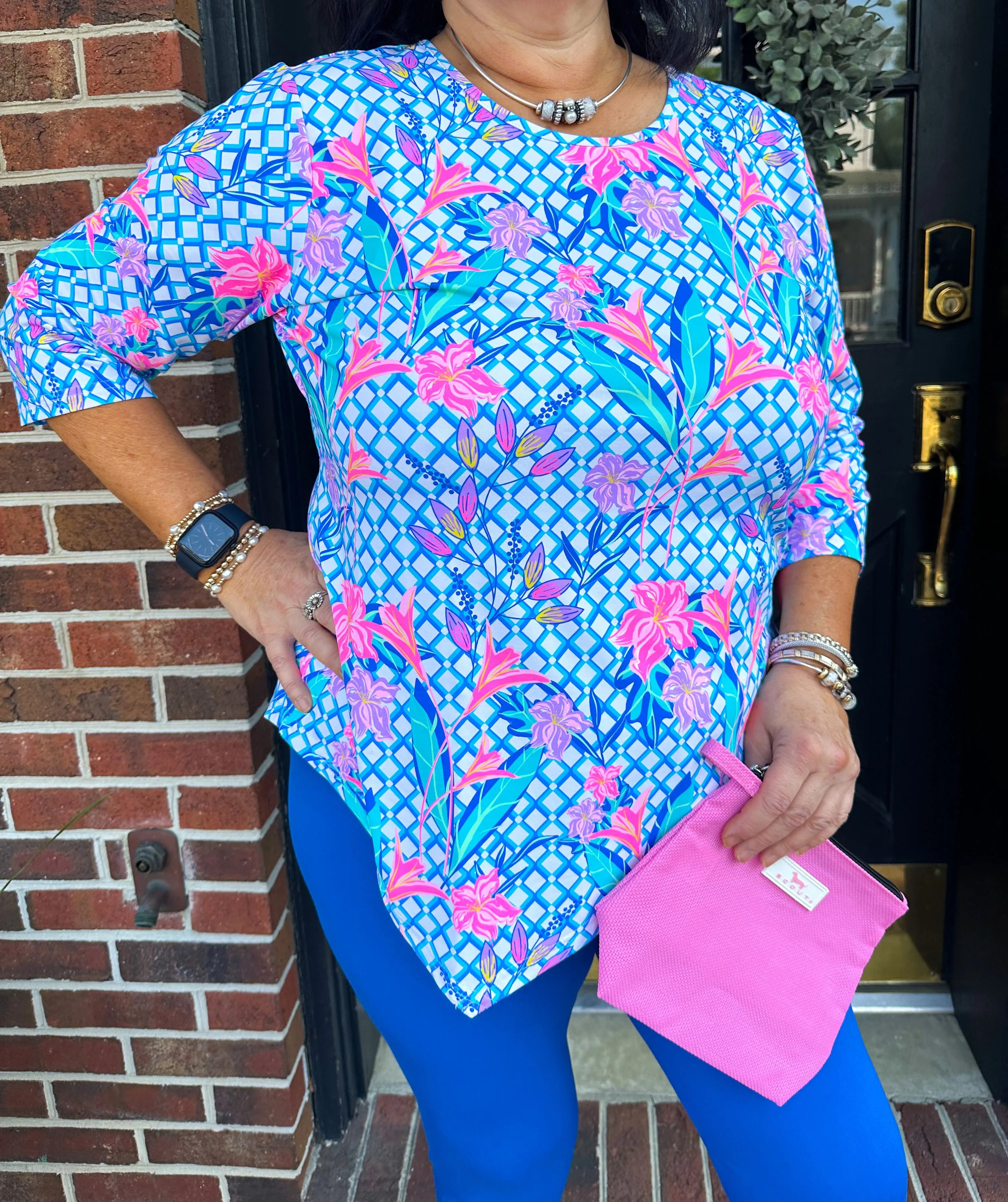 Lulu B Trellis Flower Asymmetrical S-Neck Top UPF 50 
