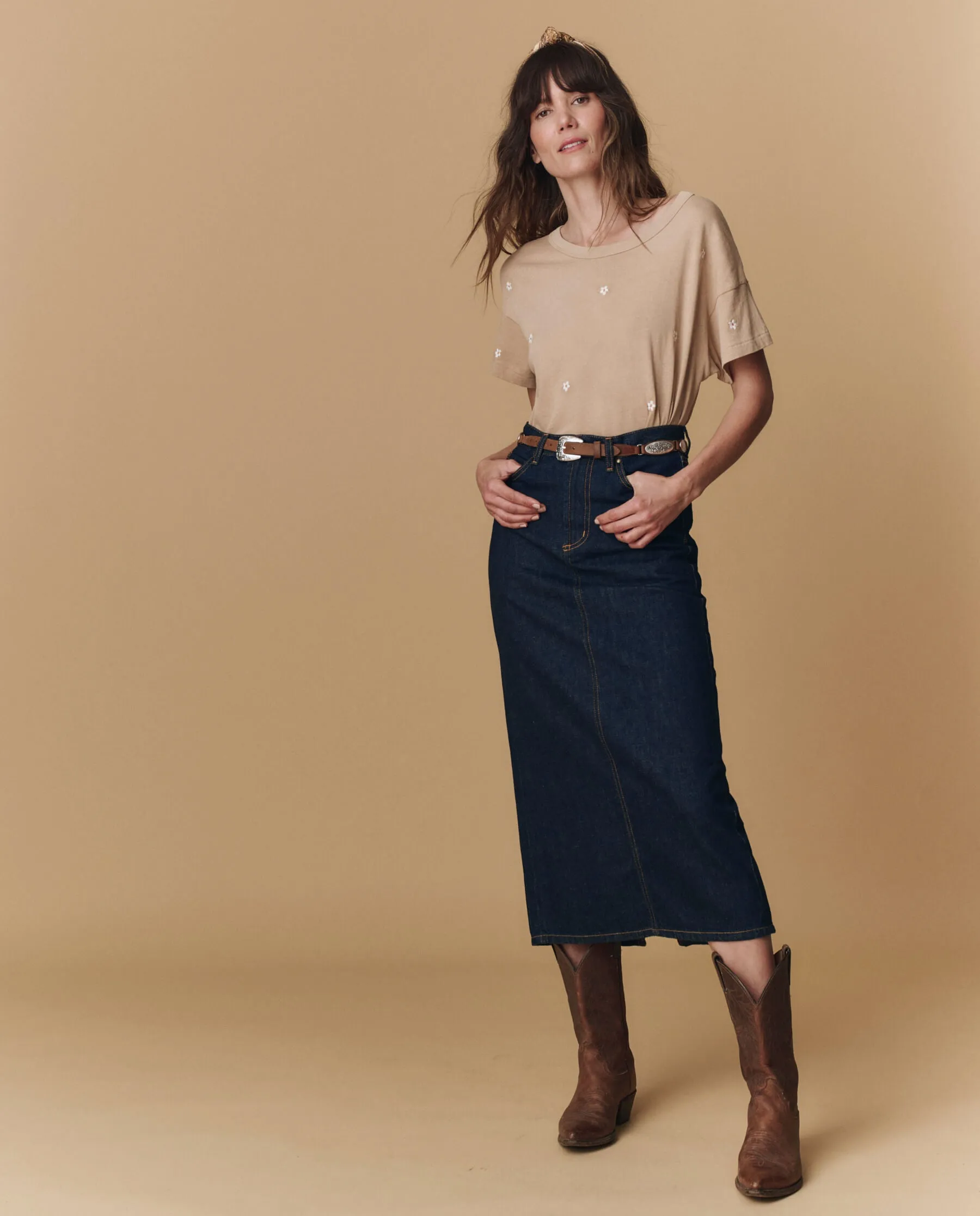 The Boxy Crew. Embroidered -- Khaki with Daisy Embroidery The Great