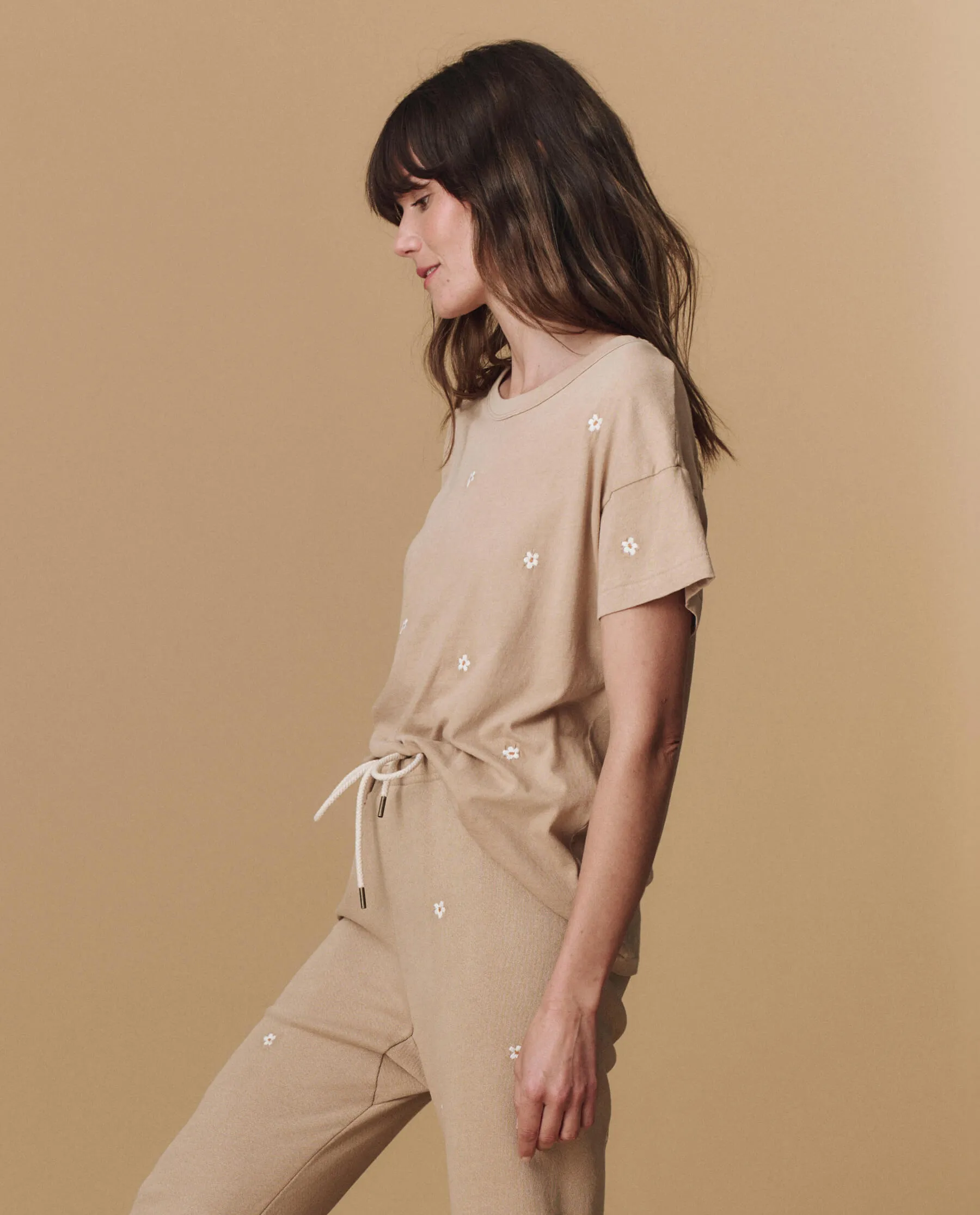 The Boxy Crew. Embroidered -- Khaki with Daisy Embroidery The Great