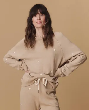 The Slouch Sweatshirt. Embroidered -- Khaki with Daisy Embroidery The Great