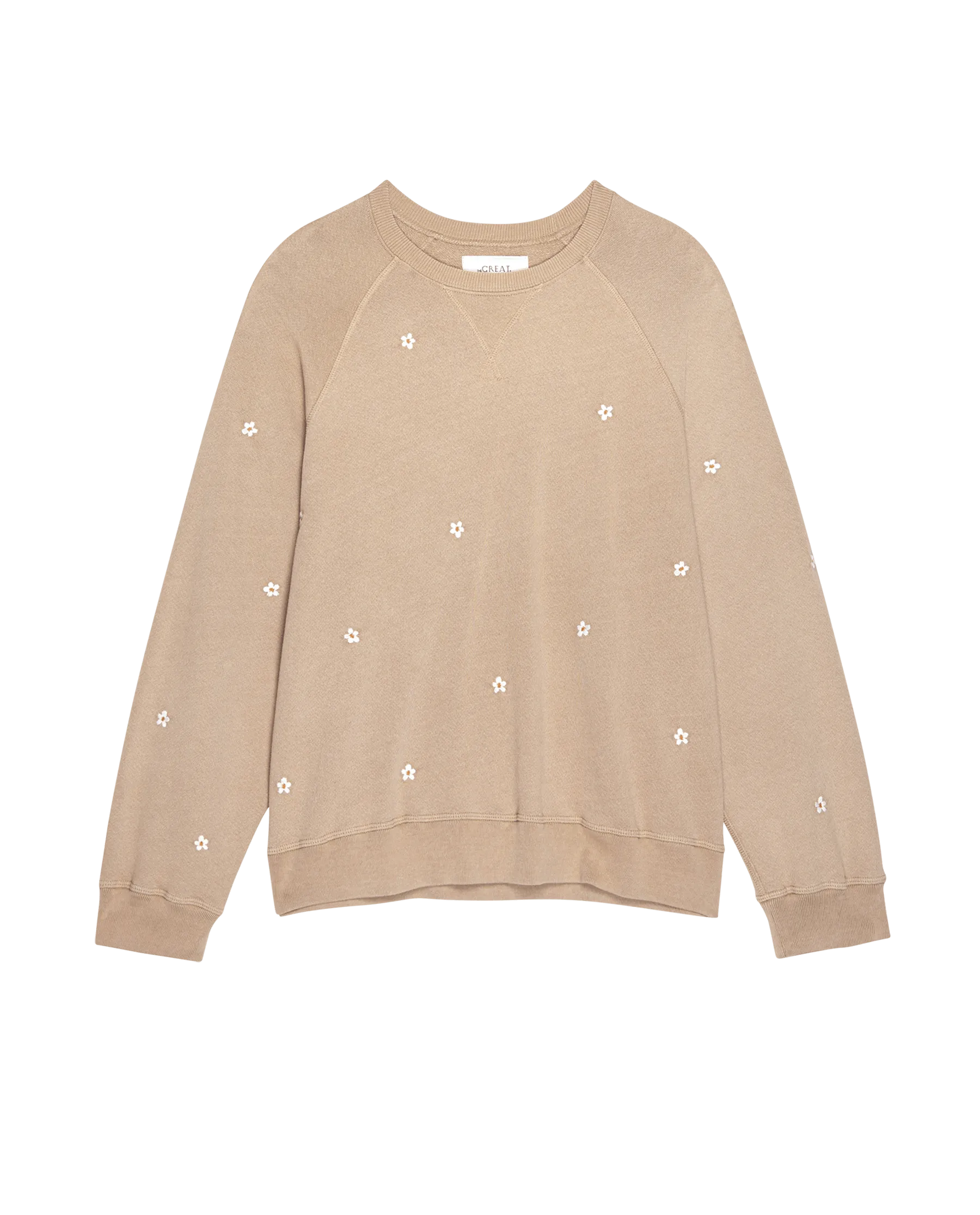 The Slouch Sweatshirt. Embroidered -- Khaki with Daisy Embroidery The Great